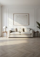 Elegant Living Room Interior with Modern Sofa Painting and Natural Light Accentuating the Stylish Decor