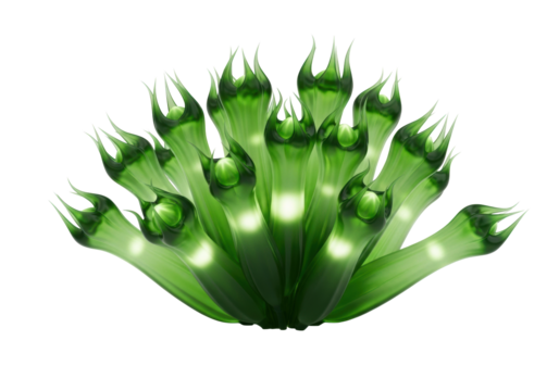 Macro shot of luminous emerald green, translucent, clove-like botanical forms with unfurling glowing buds on a transparent background with copy space, concept of scientific elegance