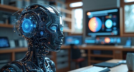 A futuristic robot with glowing blue eyes and intricate circuitry working at a desk indoors