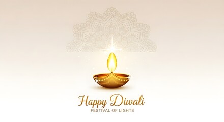 A single golden diya lamp with a bright flame and sparkling particles, isolated on white background, with happy diwali text, symbolizing the festival of lights and prosperity