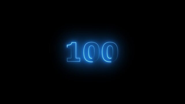 Glowing Neon Text Number 100 Animation.Neon 100 Countdown Animation.Futuristic Countdown, Digital Display, and Motion Graphic Element
