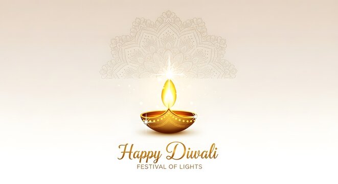 A single golden diya lamp with a bright flame and sparkling particles, isolated on white background, with happy diwali text, symbolizing the festival of lights and prosperity