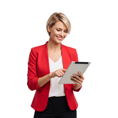 Fototapeta premium Smiling business woman holding a tablet isolated on white or transparent background
