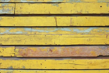 Fototapeta premium Aged, horizontal wooden planks, painted a vibrant yellow, exhibit varying degrees of weathered paint.