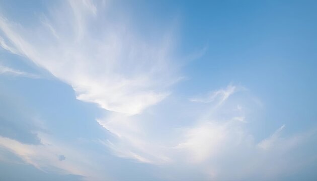 Soft, hazy blue sky veiled in thin, wispy clouds,  bright,  calm