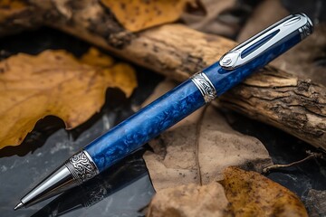 Naklejka premium Elegant Blue Resin Pen with Silver Accents on Natural Autumn Leaves Setting