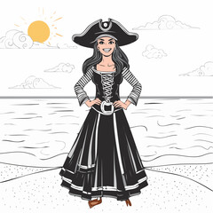 Vector Illustration of a Woman in Pirate Costume Posing on the Beach with Confidence