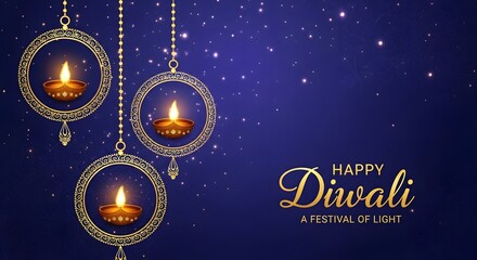 Happy diwali greeting with ornate golden hanging diyas illuminated against a starry blue night sky, celebrating the festival of lights