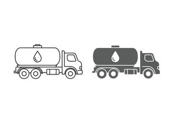 Outline and filled icons of a tanker truck carrying liquid, symbolizing transport and delivery services isolated on white background