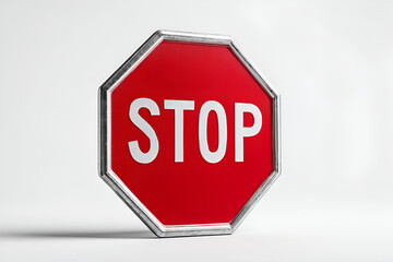 Octagonal stop sign red background white lettering metal frame isolated white background