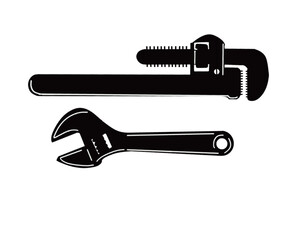 Black silhouette of pipe wrench on white background