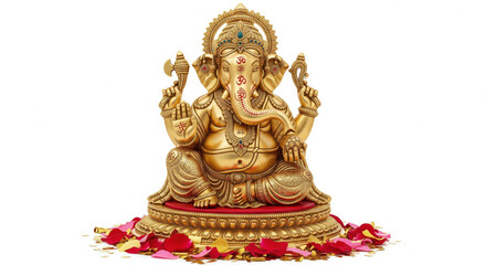 Fototapeta premium Golden Ganesha statue sitting on red platform with flower petals, detailed craftsmanship, spiritual and peaceful expression, symbolizing wisdom, prosperity, and good fortune