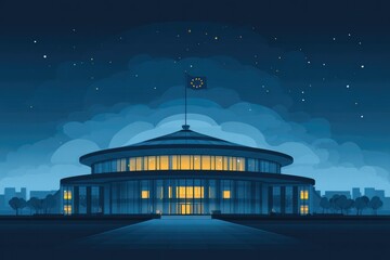 Obraz premium Minimalist flat design of the european parliament at night with a starry sky in a modern style, suitable for posters or educational materials
