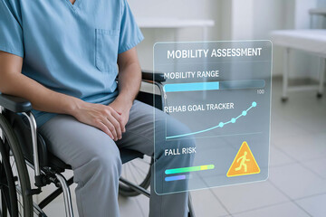 Mobility assessment concept with person in wheelchair wearing medical scrubs, showing rehab goal tracker, mobility range, and fall risk indicators in clinical setting
