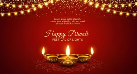 Happy diwali festival of lights with glowing traditional oil lamps and festive golden string lights on a rich red background, symbolizing joy and prosperity
