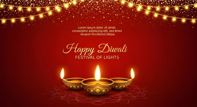 Happy diwali festival of lights with glowing traditional oil lamps and festive golden string lights on a rich red background, symbolizing joy and prosperity - Powered by Adobe
