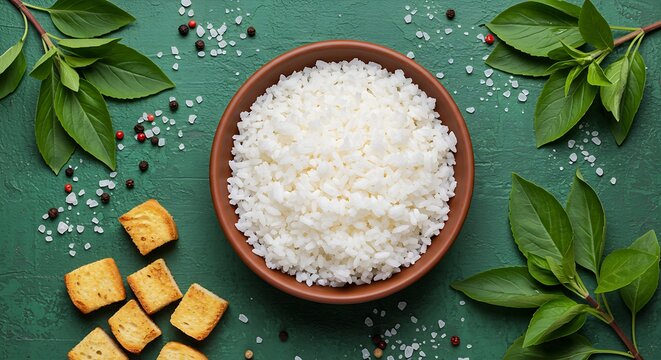 A bowl of rice is presented with toast and peppercorns on a textured green surface. - Powered by Adobe