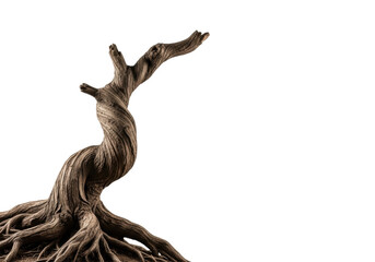 Fototapeta premium Ancient, gnarled tree roots, dark earthen brown with rough textured bark, twisting powerfully upwards against a transparent background with copy space, macro studio shot, concept of enduring growth