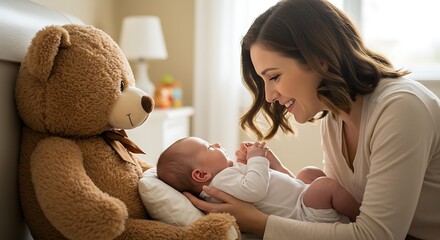 Loving mother bonding with newborn baby in a bright and cozy bedroom
