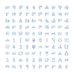 Vector art of collection of business and office icons featuring people in various workrelated activities like presentations, meetings, and discussions, isolated