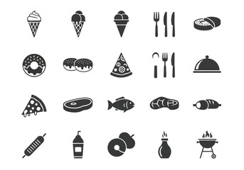 Collection of food icons including ice cream, donuts, pizza, steak, fish, and barbecue, isolated on white background