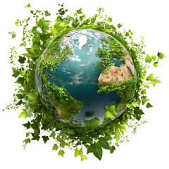 Eco Friendly Planet Earth with Green Vines and Leaves, Environmental Protection and Sustainability Concept, Isolate on Transparent White Background