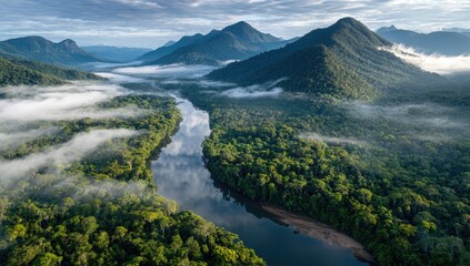Aerial view of a misty river winding through lush rainforest mountains