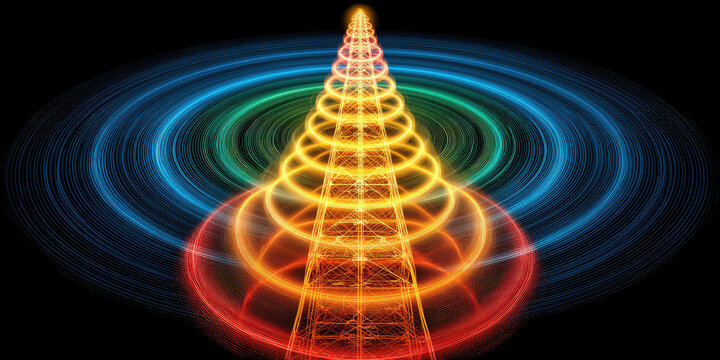 Wireless communication tower with colorful signal waves glowing