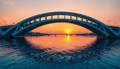 Naklejka premium Elegant arch bridge spanning calm blue water, sunset sky reflection, perspective, seascape