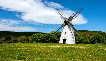 A picturesque, sunny landscape features a charming old-fashioned windmill standing tall in a grassy field dotted with wildflowers, surrounded by lush greenery and a backdrop of rolling hills.