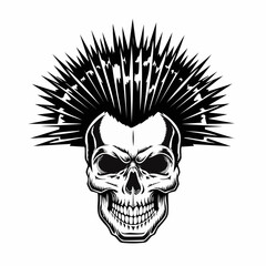 Punk music Skull with a mohawk hairstyle vector illustration isolated on white background.