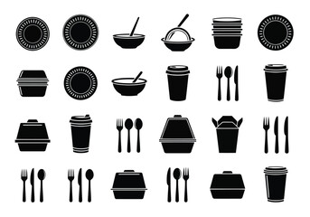 Collection of black and white icons for dining and takeaway food service, isolated on white background
