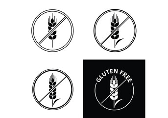 Set of gluten free icons with wheat symbol crossed out, isolated on white background