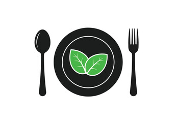 Minimalist icon of a plate with leaves, spoon, and fork