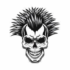 Punk music Skull with a mohawk hairstyle vector illustration isolated on white background.