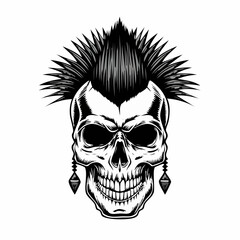 Obraz premium Punk music Skull with a mohawk hairstyle vector illustration isolated on white background.