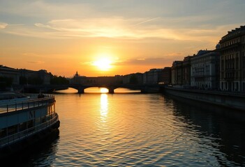 Naklejka premium Golden sunset reflecting on Naviglio Grande's calm waters, Milan, Italy, Milan