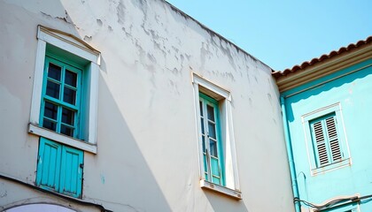 Obraz premium Sun-bleached turquoise building facade, showing age and texture, coastal, green