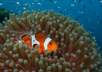 A clownfish hiding within the tentacles of an anemone, highlighting the symbiotic relationship in marine life.