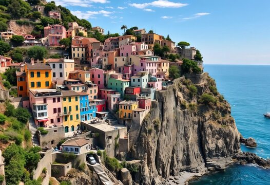 Vibrant houses cling to cliffs overlooking the Ligurian Sea in Manarola, Cinque Terre, village, coast - Powered by Adobe
