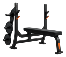 Olympic flat bench press station with integrated weight rack for strength training