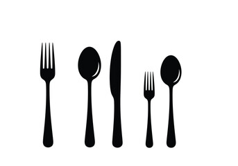 Set of cutlery including forks, spoons, and knives, isolated on white background