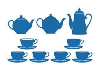 Collection of blue teapots and teacups with saucers isolated on white background