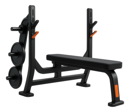 Olympic flat bench press station with integrated weight rack for strength training
