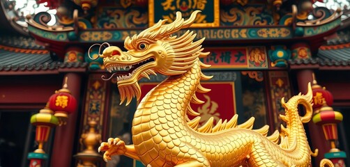 Fototapeta premium Serene golden dragon statue in ornate Chinese shrine, rich textures, red, home