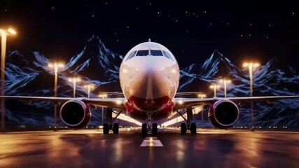 A front view of a parked aircraft on the tarmac at night, with bright lights. Mountains in the background - Powered by Adobe