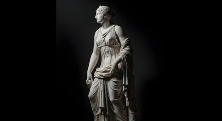 Obraz premium Classical Marble Statue of a Woman, Dramatically Lit Against a Dark Background