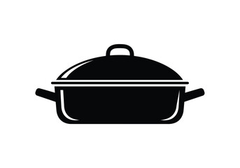 A black cooking pot with a lid and handles, isolated on white background
