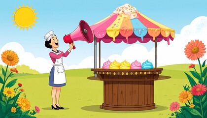 A cheerful woman in a chef's outfit uses a megaphone to announce sweet treats at a colorful outdoor stand in a sunny meadow.