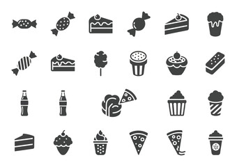 Assortment of sweet treats and fast food icons in a simple graphic style isolated on white background